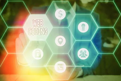 Text sign showing Web Coding. Conceptual photo work involved in developing a web Stock Photos