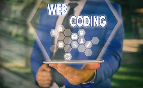 Text sign showing Web Coding. Conceptual photo work involved in developing a web Stock Photos