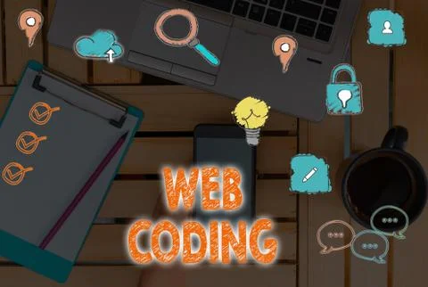 Text sign showing Web Coding. Conceptual photo work involved in developing a web Stock Photos