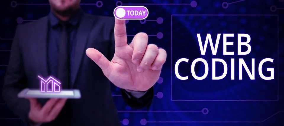 Text sign showing Web Coding. Business showcase work involved in developing a 写真素材