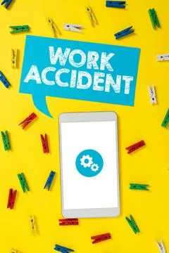 Text sign showing Work Accident. Business idea Mistake Injury happened in the Stock Illustration