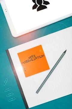 Text sign showing Work Modernization. Word for changing product service and Stockfoto's