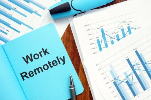 Text sign showing Work Remotely. The text is written in the blue notebook. Co Stock Illustration