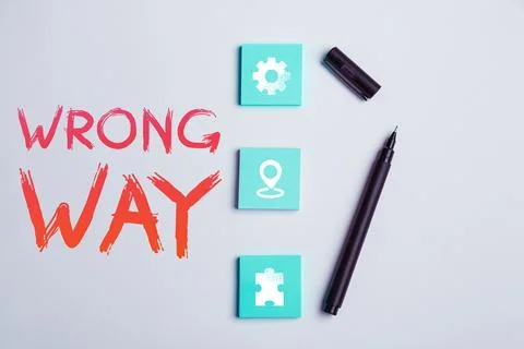 Text sign showing Wrong Way. Concept meaning taking an unsuitable or undesirable Foto stock