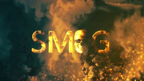 Text smog with human skull on bg with fire and smoke - loop video Stock Footage 196091180