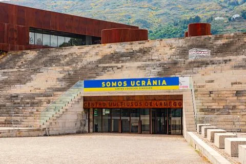 With text Somos Ucrania, Lamego expresses its solidarity with Ukraine, Portugal Stock Photos