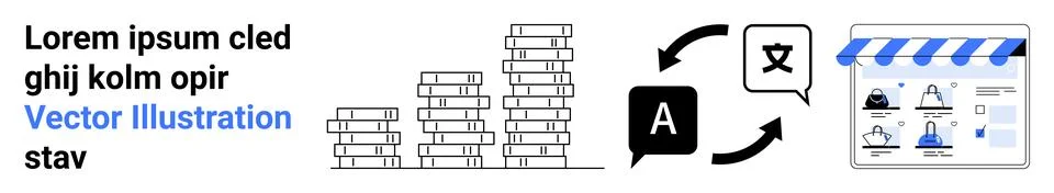 Text, stack of coins, A, translation symbol, website interface. Ideal for tra Stock Illustration