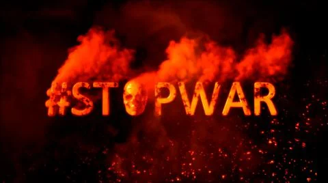 Text stopwar with scary man skull on burning backdrop - abstract 3D rendering Illustrazione stock