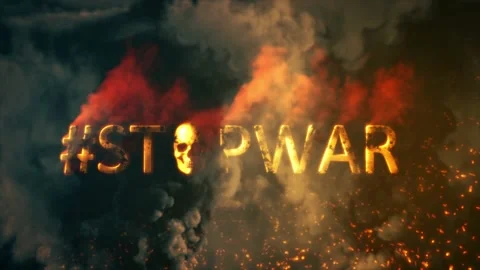 Text stopwar with skull burning on dark smoke bg - loop video Stock Footage 203684163