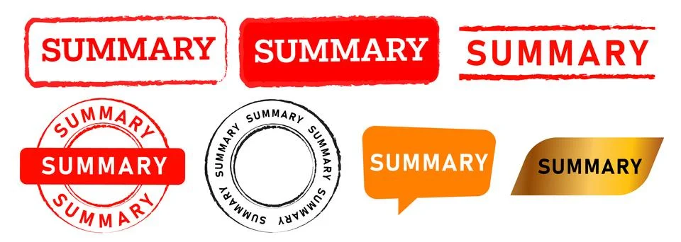 Text summary synopsis summarizing rubber stamp speech bubble label sticker Stock Illustration