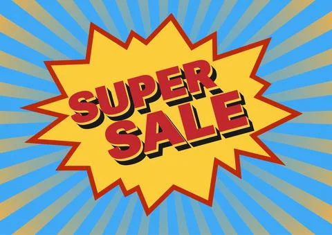 Text SUPER SALE in comic splash bubble on blue and yellow sunburst background Ilustración de archivo