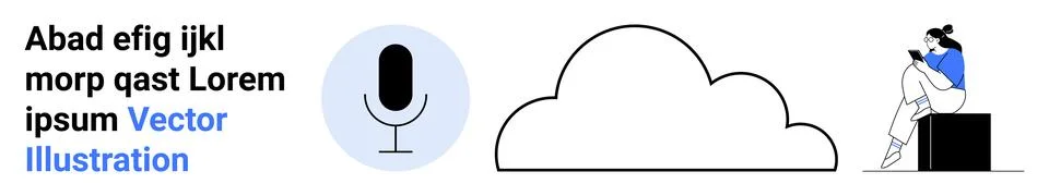 Text surrounding a microphone icon, a large cloud shape, and a person sitting イラスト素材