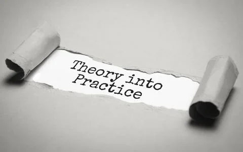 The text Theory into Practice appearing behind torn brown paper Stock Photos