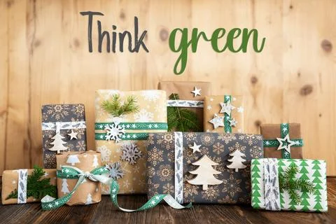 Text Think Green, Rustic, Eco Christmas Background Stock Photos