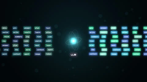 Text tokens stream through a glowing cyan LLM core in rows of word pills, s.. 스톡 동영상 346963846