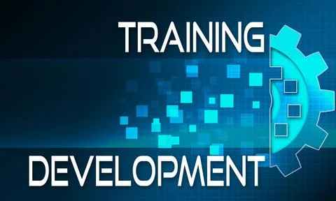 Text 'training and development' with blue digital cogwheels in the background Stock Illustration