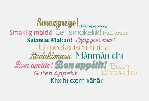 Text typography with word Enjoy your meal, bon appetit in different languages Illustrazione stock