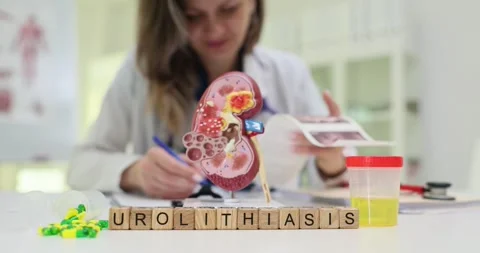 Text Urolithiasis on wooden cubes with urine sample and kidney Stock Footage 310219341