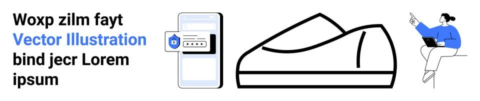 Text in various fonts, a smartphone with security elements, a minimalist shoe 库存插图
