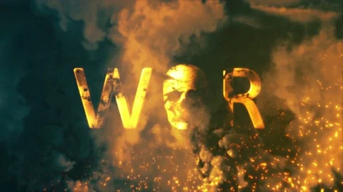 Text war with man skull on bg with fire and smoke - loop video Stock Footage 196722223