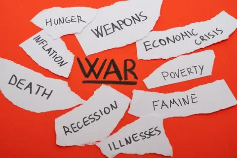 Text "war" on a red background, and white tickets with listed consequences of th Stock Photos
