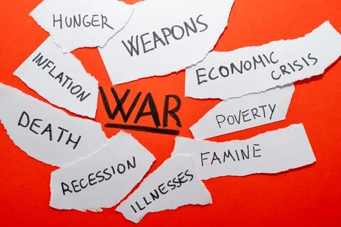 Text "war" on a red background, and white tickets with listed consequences of th Stock Photos