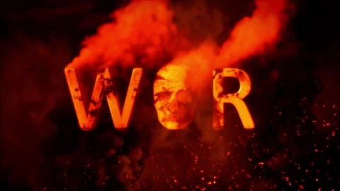 Text war with scary man skull on burning bg - loop video Stock Footage 194990953
