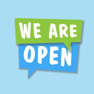 Text WE ARE OPEN in speech bubbles against blue background Stock Illustration