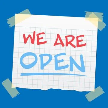 Text WE ARE OPEN written on torn piece of quad-ruled paper Illustrazione stock