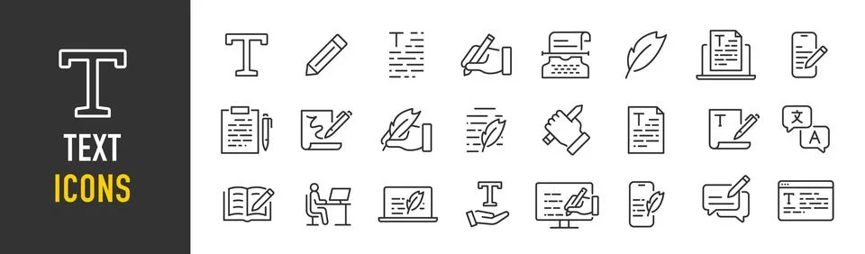 Text web icons in line style. Words, read, copywriting, collection. Vector .. Stock Illustration