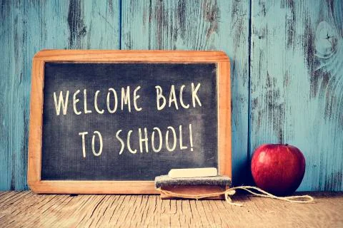 Text welcome back to school written on a chalkboard, cross processed Foto stock