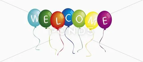 Text welcome on colorful balloons against white background Stock Illustration