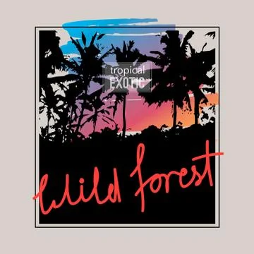 Text Wild forest and sunset in jungle. Vector illustration. Stock Illustration