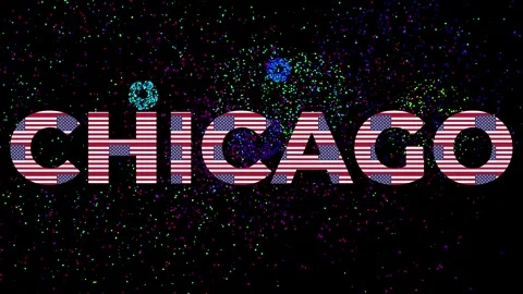 Text with the word CHICAGO  with Font made with many US FLAGS and fireworks Stock Footage 311045867