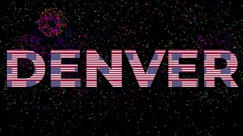 Text with the word DENVER  with Font made with many US FLAGS and fireworks Stock Footage 311045950