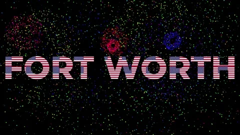 Text with the word FORT WORTH  with Font made with many US FLAGS and fireworks Stock Footage 311046196