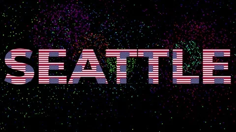 Text with the word SEATTLE  with Font made with many US FLAGS and fireworks Stock Footage 311047232