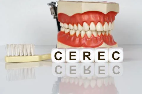 The text is written on the cubes - CEREC. In the background, a model of the j Foto stock