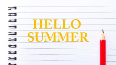 Text written on notebook page Hello Summer Stock Photos