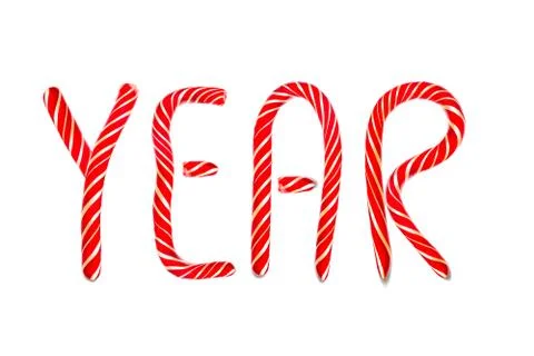 Text YEAR consisting of Candy Cane Isolated on White Background. Letter YEAR Stock Photos