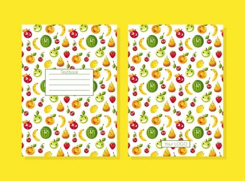 Textbook Cover Decorated with Funny Fruit Characters Pattern Vector Illustration Stock Illustration