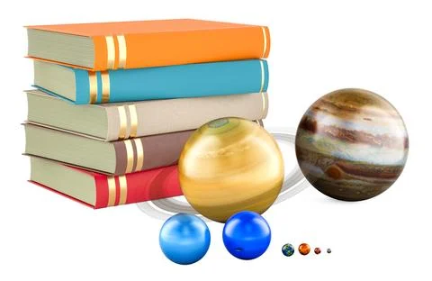 Textbooks with Planets of Solar system and satellites. 3D rendering Stock Illustration
