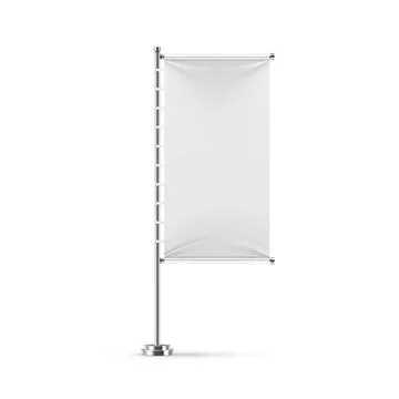Textile blank banner. Empty white realistic outdoor white fabric flag on chrome Illustrazione stock