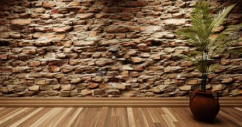 Textile brick wall with spot lighting and pots with plant 3d illustration Illustrazione stock