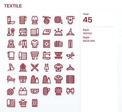 Textile Design Vector Icons featuring 45 PIXEL Perfect Bold Line Style Stock Illustration