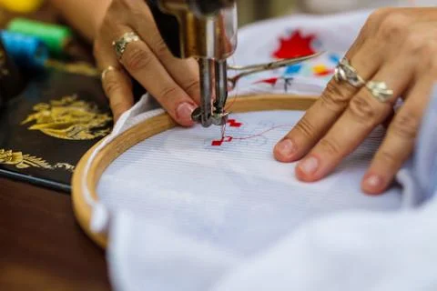 Textile embroidery machine Stock-Fotos