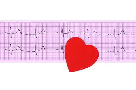 Textile heart over electrocardiogram graph on white background Stock Illustration