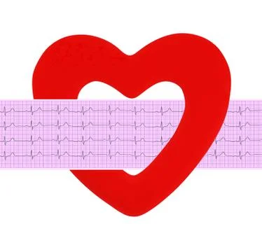 Textile heart over electrocardiogram graph on white background Stock Photos