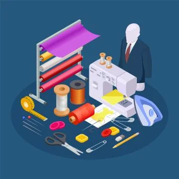 Textile industry composition. Isometric sewing vector. Sewing workshop Stock Illustration