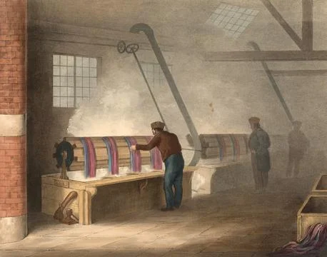 Textile industry The processing of cotton around 1840 Dyeing Historic Digitally Stock Illustration